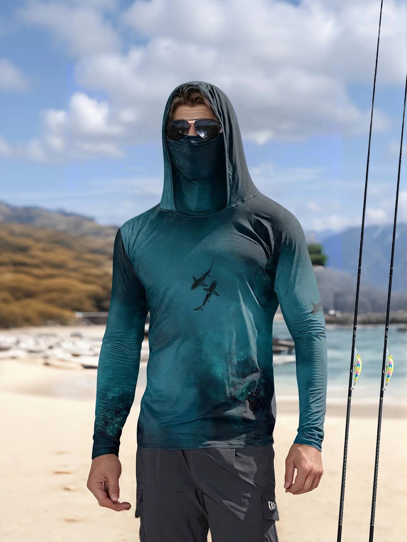Fishing Mask Sun Protection - UPF50+ Erkek Balıkçı Kapüşonlu Mont, Dahili